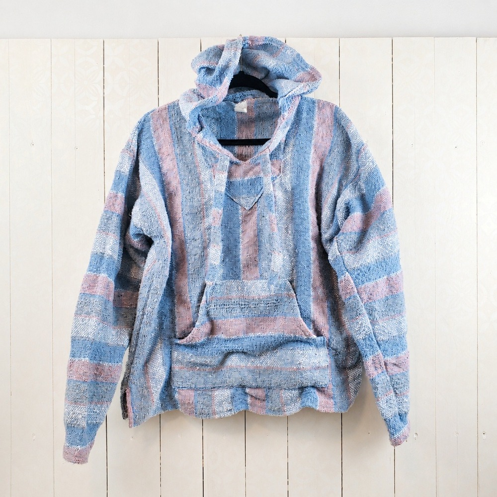 Tijuana Mexico Baja Hoodie Blue Pink Striped Jerga Pullover Large